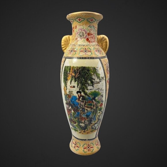 Vintage Oriental Chinese Vase Handled Enameled Art Pottery Vase 8”T 2”W - Picture 3 of 8